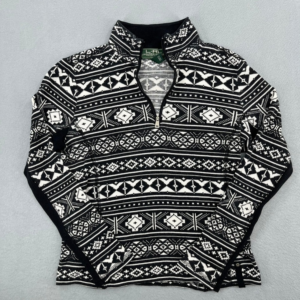 Lauren Ralph Lauren Active Womens PM‎ Black White Southwestern 1/4 Zip Pullover